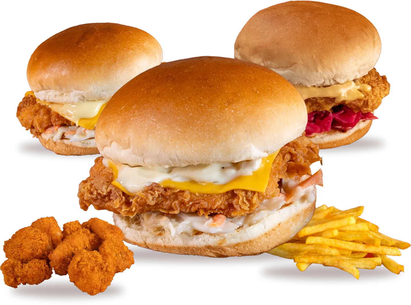 Crunchy Chickens burgers: Dead Homie, Sweet N Spicy and Purple Boom, with Chicken Shots and fries